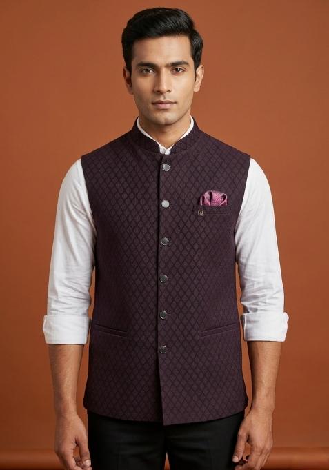Maroon Embroidered Silk Waistcoat For Men