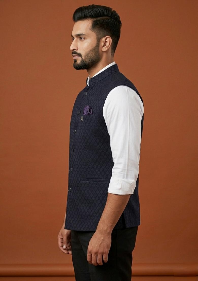 Blue Embroidered Silk Blend Waistcoat For Men - Indya