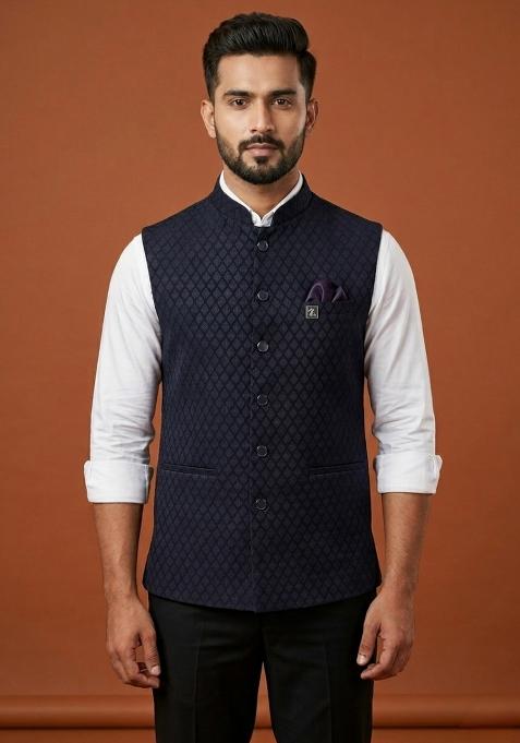 Blue Embroidered Silk Waistcoat For Men