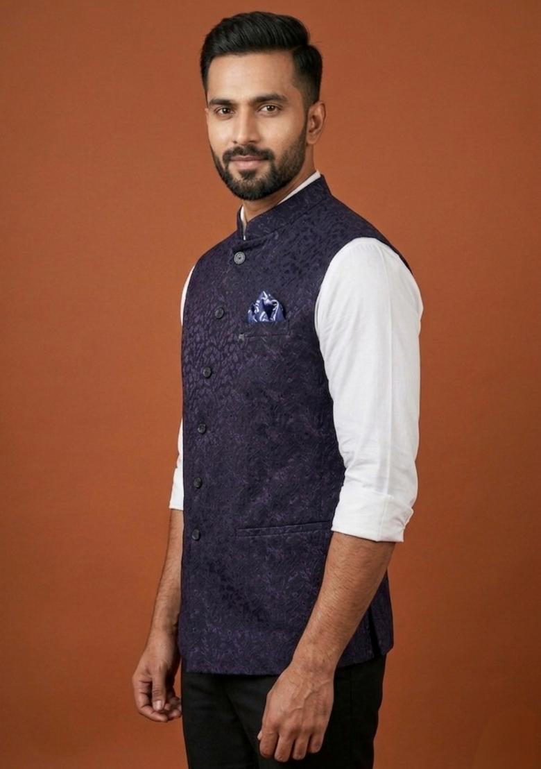 Purple Embroidered Silk Blend Waistcoat For Men - Indya