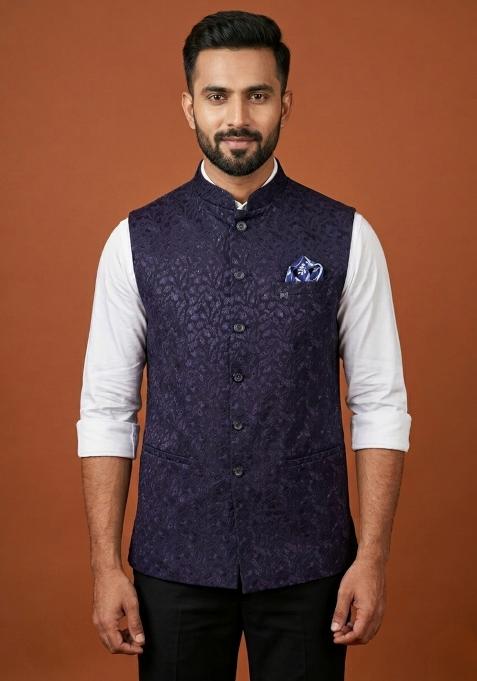 Purple Embroidered Silk Waistcoat For Men
