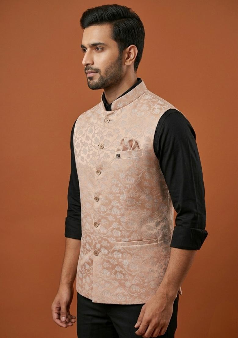 Pink Printed Silk Blend Waistcoat For Men - Indya