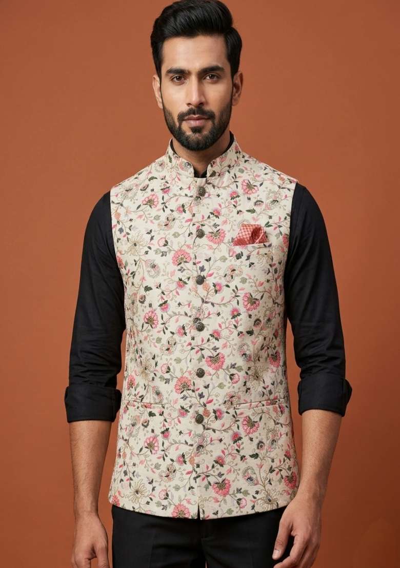 Fawn Embroidered Silk Blend Waistcoat For Men - Indya