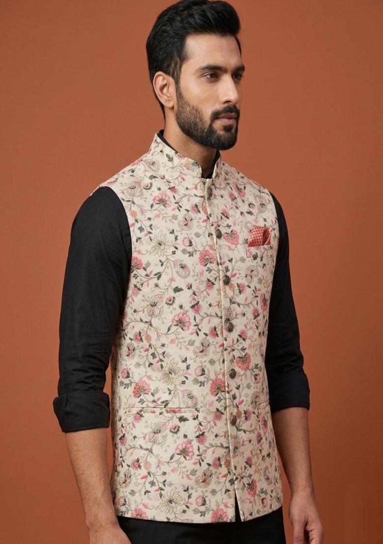 Fawn Embroidered Silk Blend Waistcoat For Men - Indya