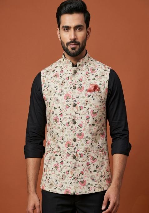 Fawn Embroidered Silk Waistcoat For Men