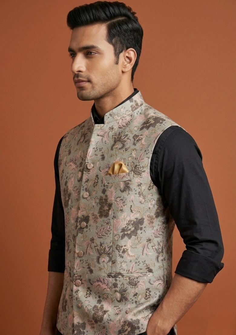 Grey Embroidered Silk Blend Waistcoat For Men - Indya