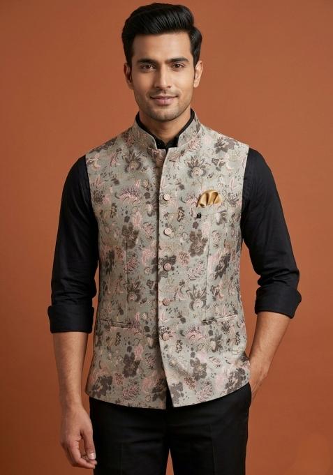 Grey Embroidered Silk Waistcoat For Men