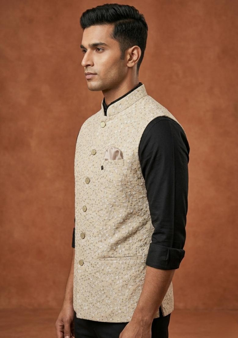 Beige Embroidered Silk Blend Waistcoat For Men - Indya