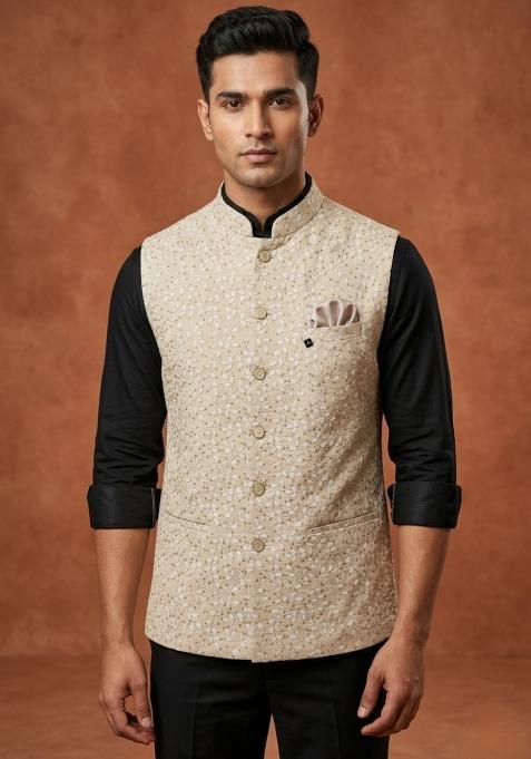 Beige Embroidered Silk Waistcoat For Men