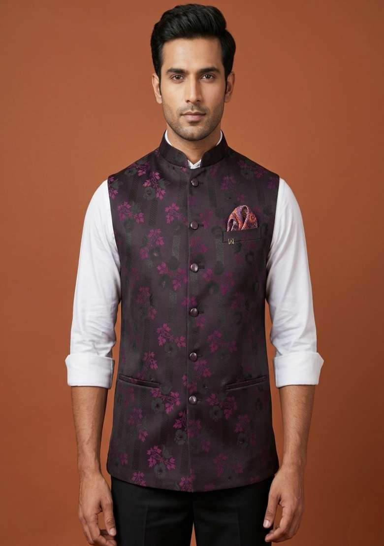 Purple Printed Silk Blend Waistcoat For Men - Indya