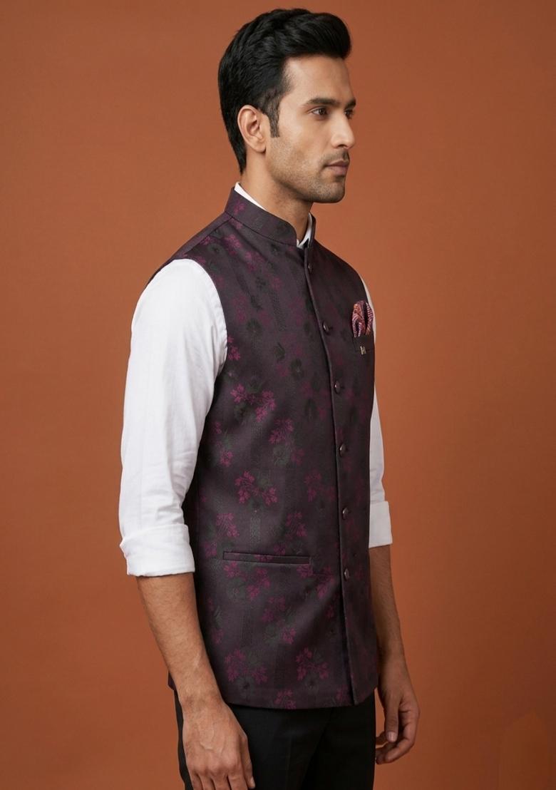 Purple Printed Silk Blend Waistcoat For Men - Indya