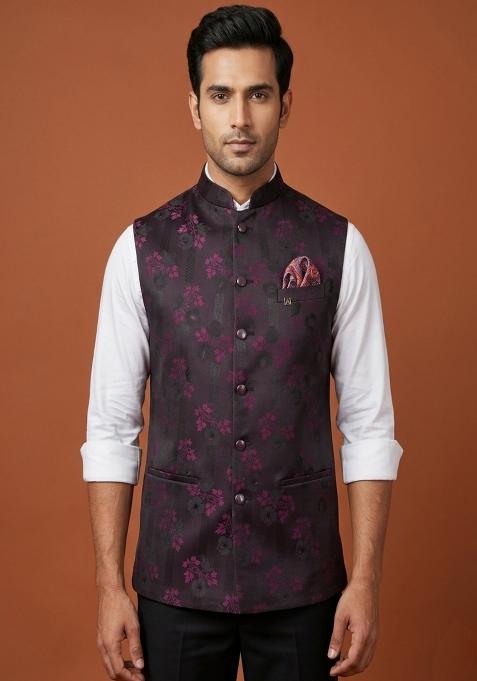 Purple Printed Silk Waistcoat For Men