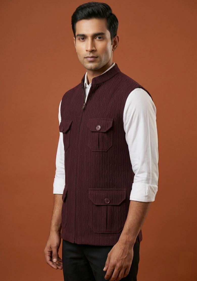 Maroon Embroidered Silk Blend Waistcoat For Men - Indya