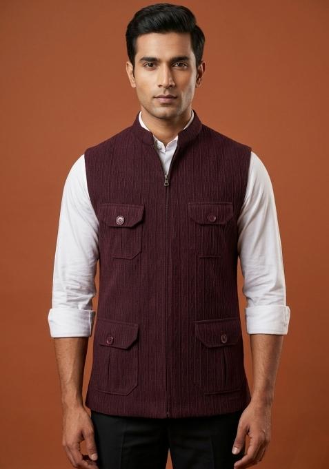 Maroon Embroidered Silk Waistcoat For Men