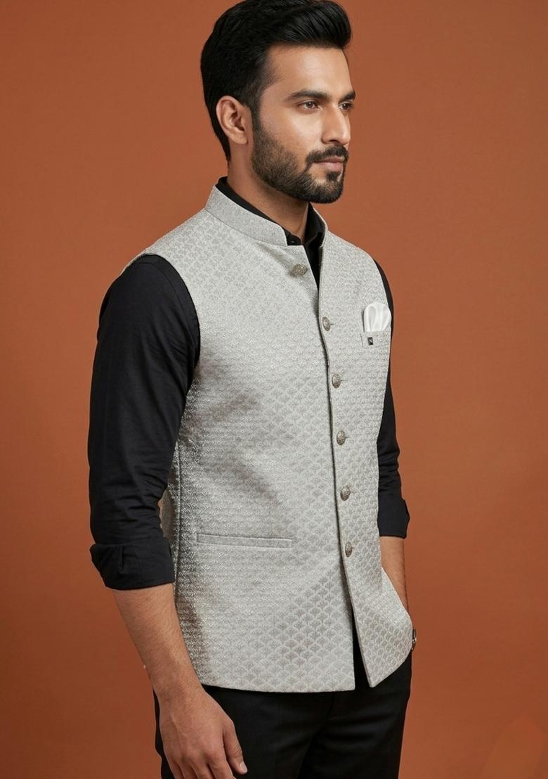 Grey Embroidered Silk Blend Waistcoat For Men - Indya