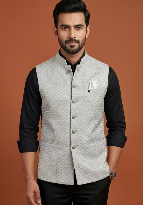 Grey Embroidered Silk Waistcoat For Men