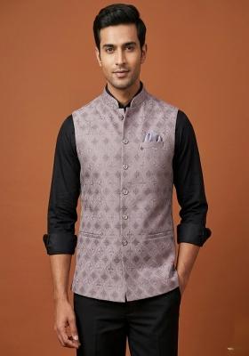 Grey Embroidered Silk Blend Waistcoat For Men