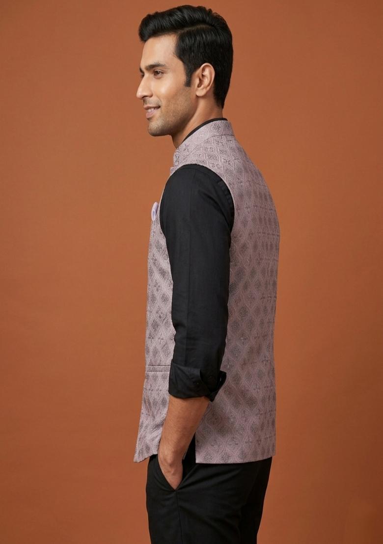 Grey Embroidered Silk Blend Waistcoat For Men - Indya