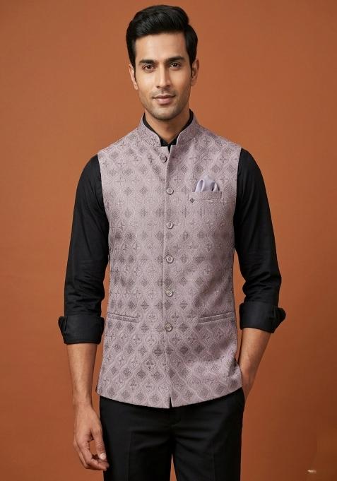 Grey Embroidered Silk Waistcoat For Men