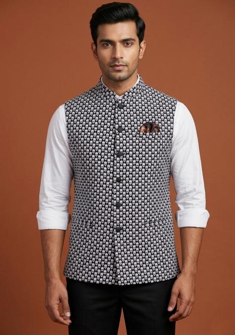 Black Embroidered Silk Waistcoat For Men