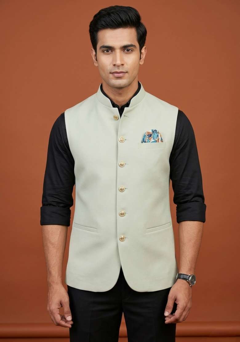 Green Solid Silk Blend Waistcoat For Men - Indya