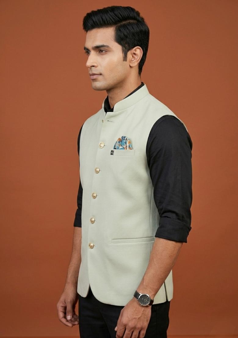 Green Solid Silk Blend Waistcoat For Men - Indya