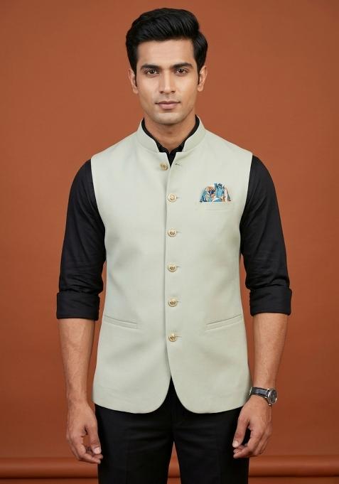 Green Solid Silk Waistcoat For Men