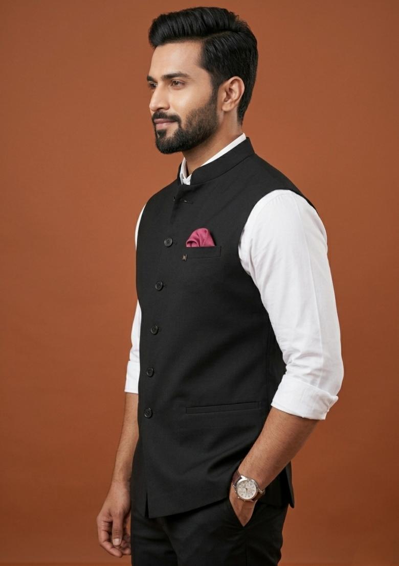 Black Solid Silk Blend Waistcoat For Men - Indya