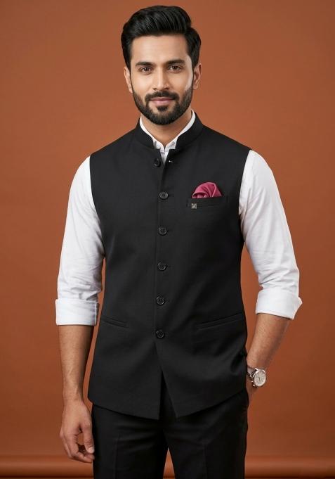 Black Solid Silk Waistcoat For Men