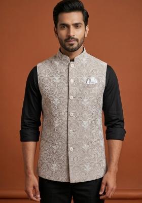 Beige Embroidered Silk Blend Waistcoat For Men