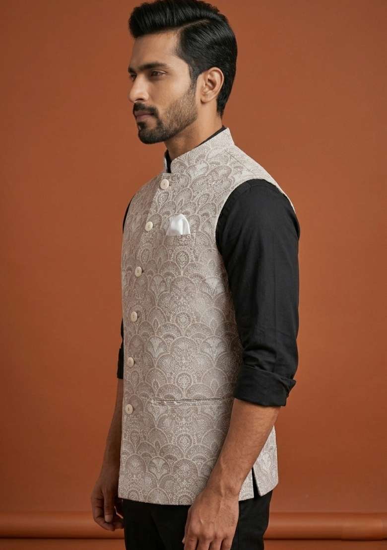 Beige Embroidered Silk Blend Waistcoat For Men - Indya