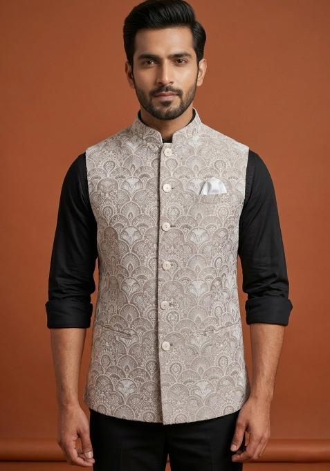 Beige Embroidered Silk Waistcoat For Men