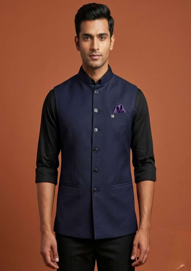 Blue Solid Silk Blend Waistcoat For Men - Indya