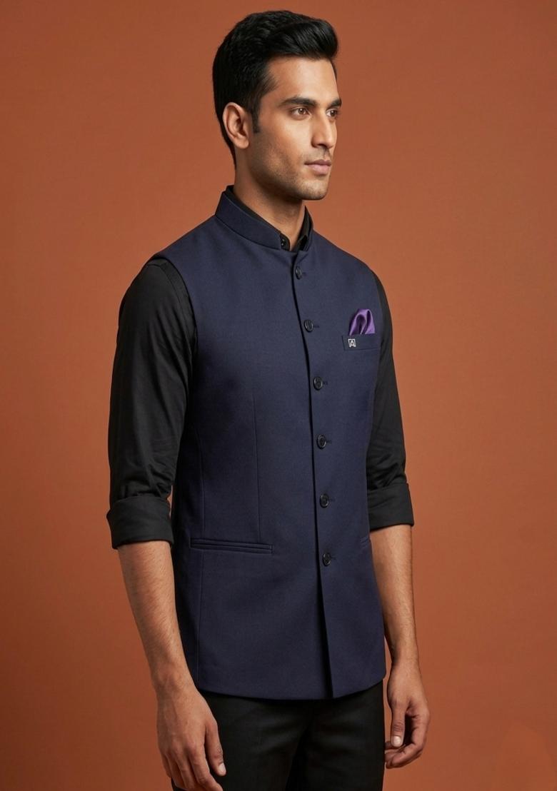 Blue Solid Silk Blend Waistcoat For Men - Indya