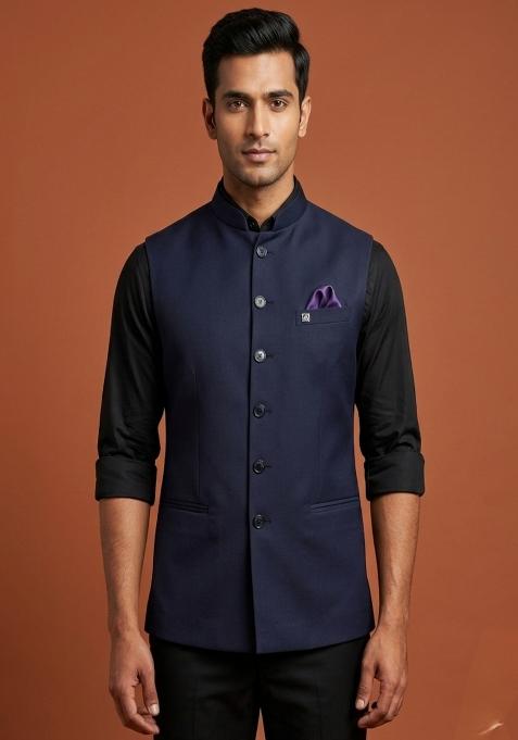 Blue Solid Silk Waistcoat For Men