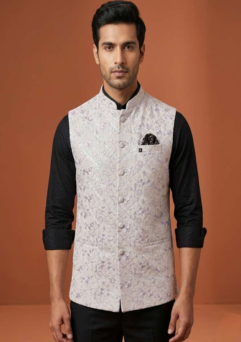 White Embroidered Silk Blend Waistcoat For Men - Indya
