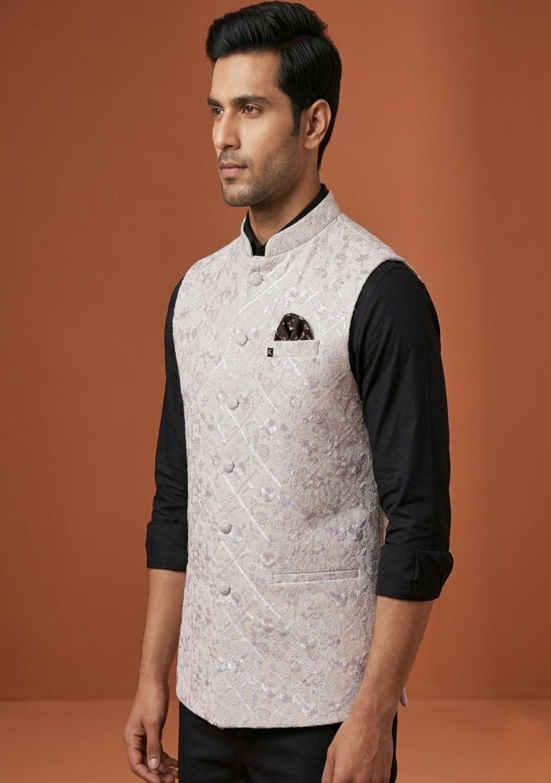 White Embroidered Silk Blend Waistcoat For Men - Indya