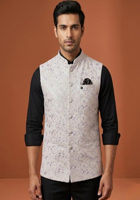 White Embroidered Silk Waistcoat For Men