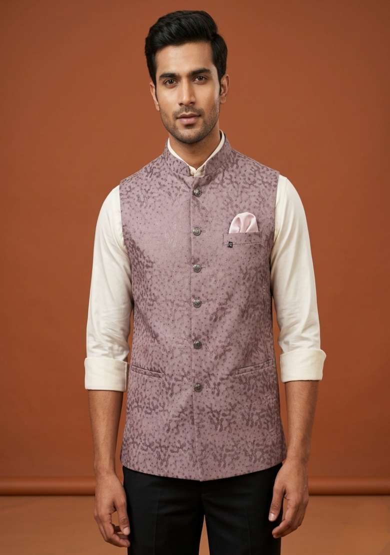 Pink Embroidered Silk Blend Waistcoat For Men - Indya
