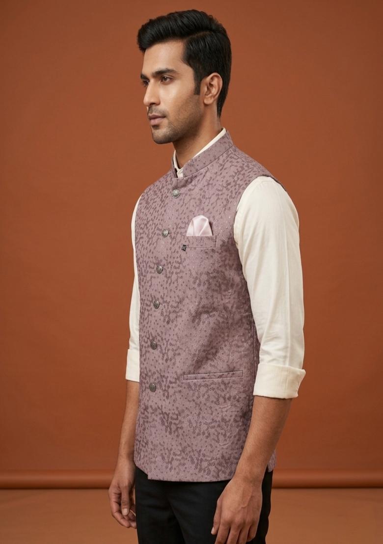 Pink Embroidered Silk Blend Waistcoat For Men - Indya