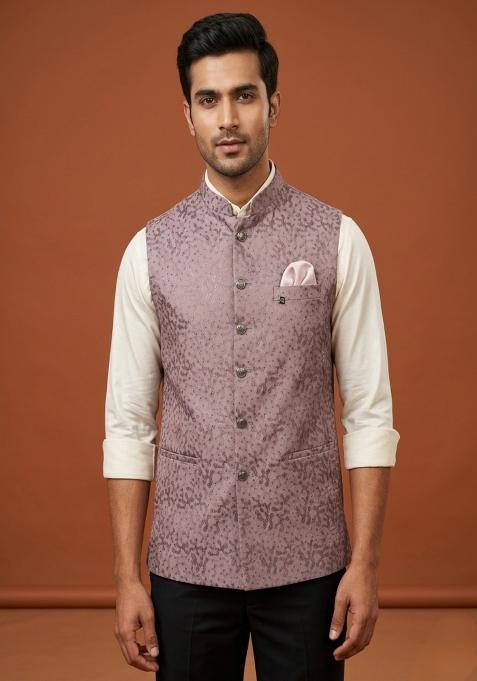 Pink Embroidered Silk Waistcoat For Men