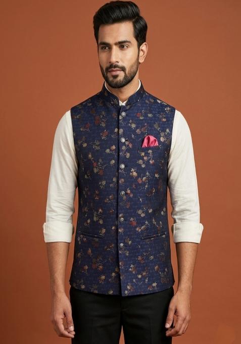 Blue Printed Silk Waistcoat For Men