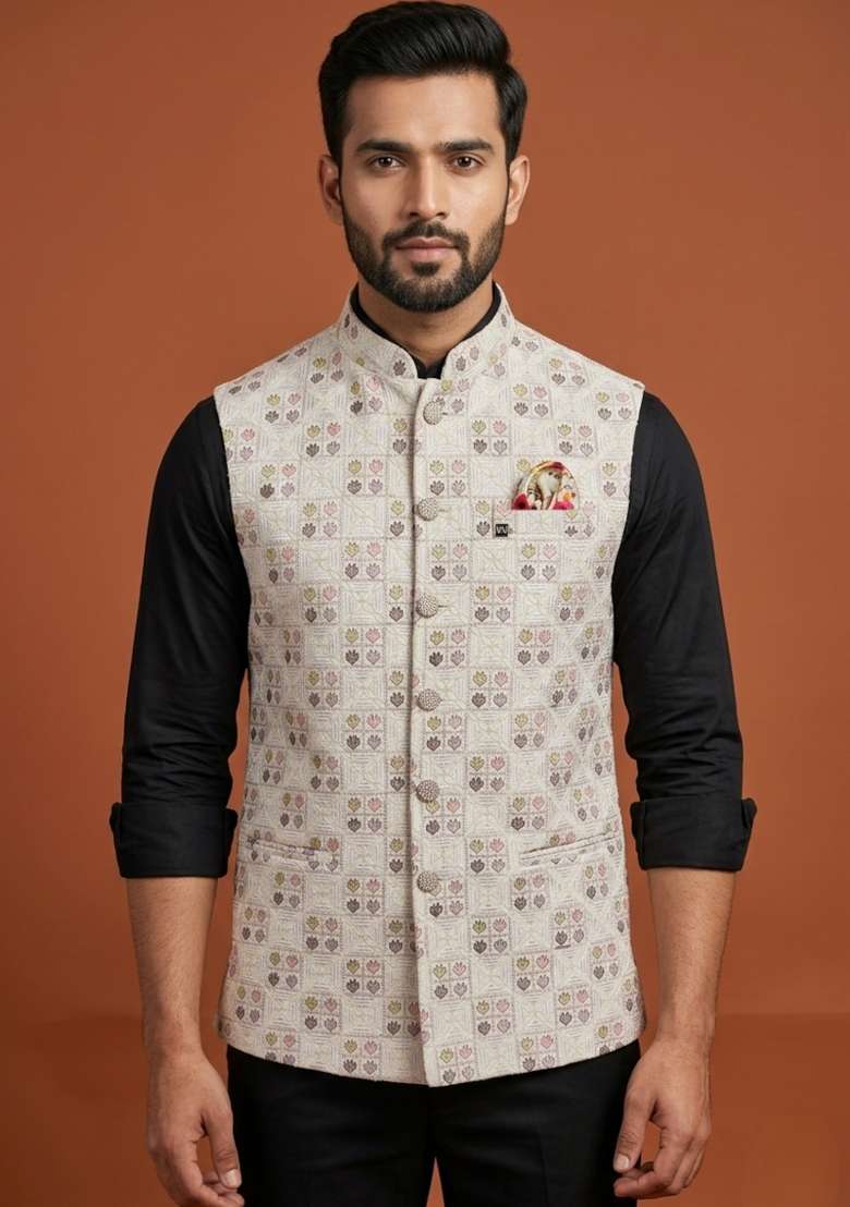 White Embroidered Silk Blend Waistcoat For Men - Indya