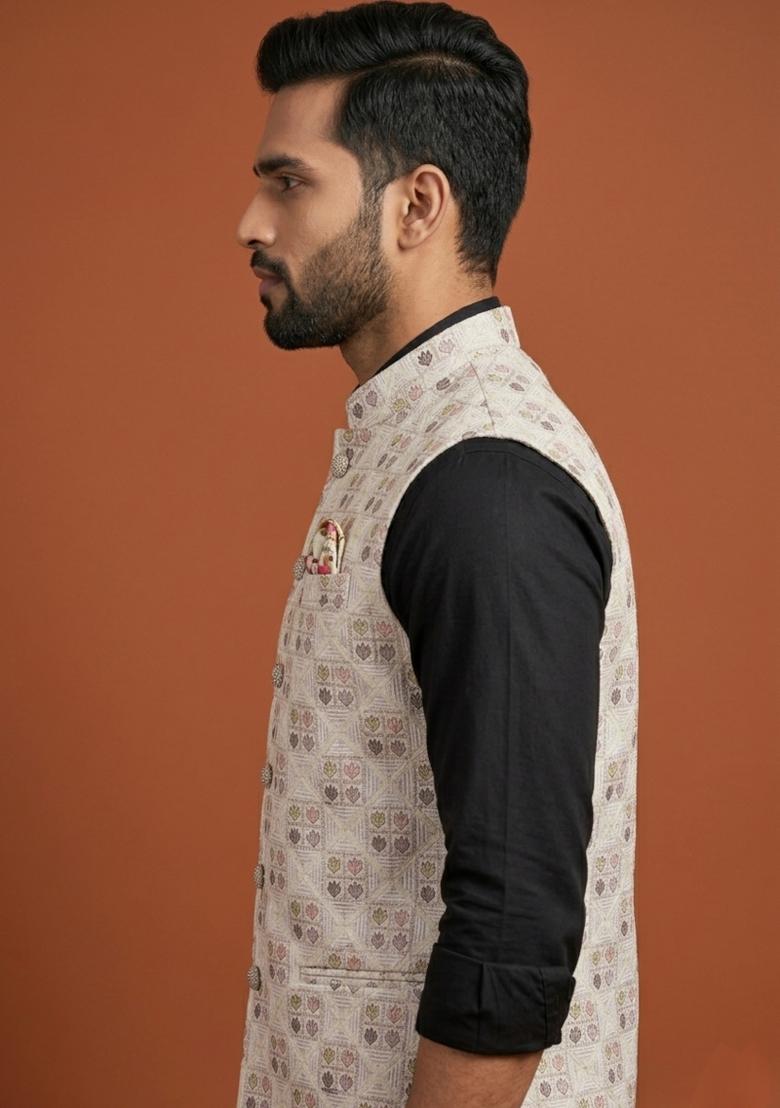 White Embroidered Silk Blend Waistcoat For Men - Indya