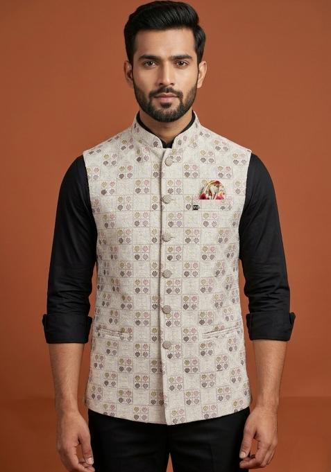 White Embroidered Silk Waistcoat For Men