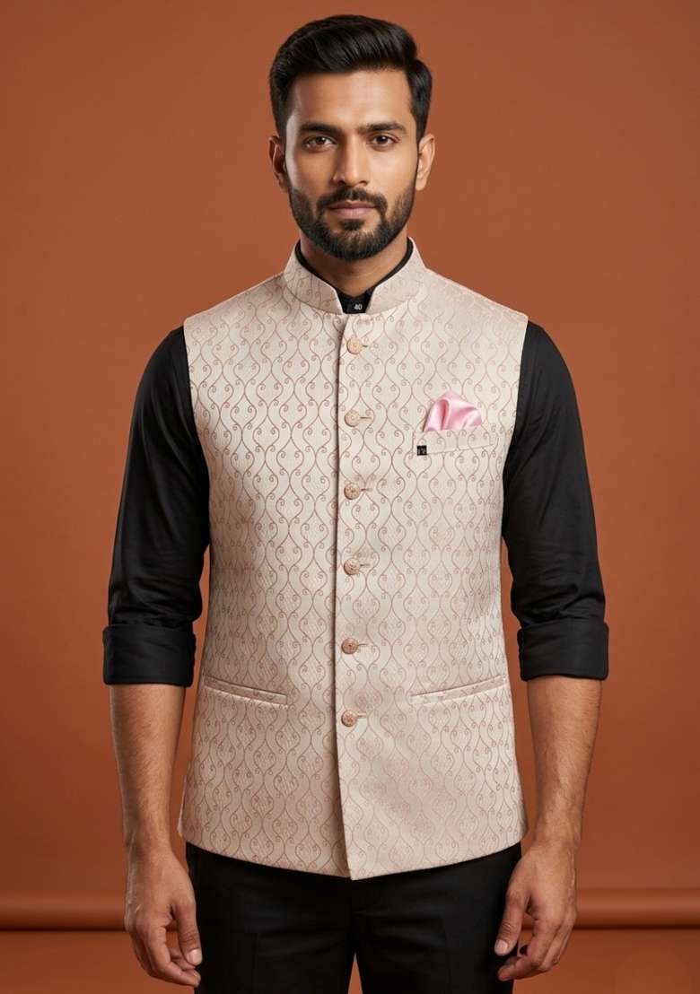 Pink Embroidered Silk Blend Waistcoat For Men - Indya