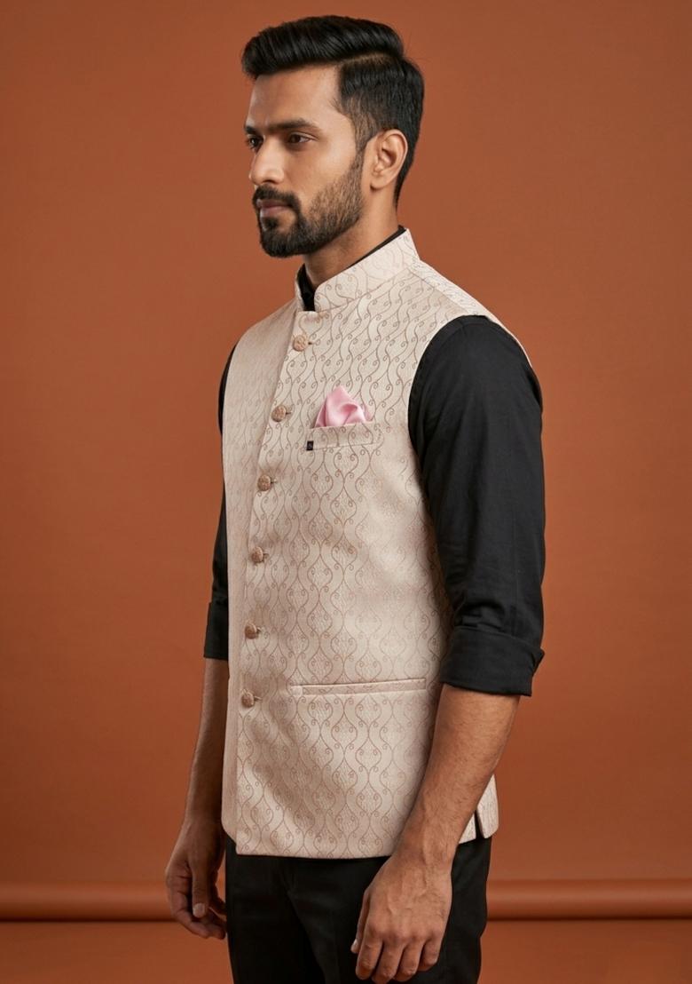 Pink Embroidered Silk Blend Waistcoat For Men - Indya