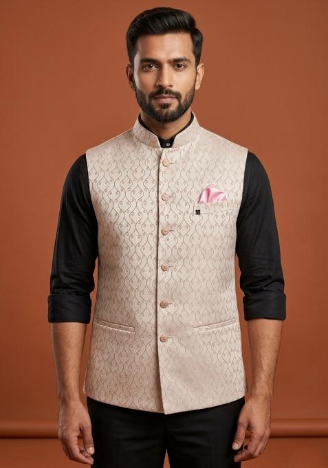 Pink Embroidered Silk Waistcoat For Men