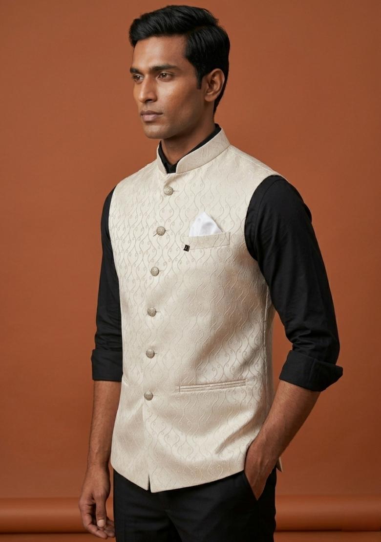 White Embroidered Silk Blend Waistcoat For Men - Indya