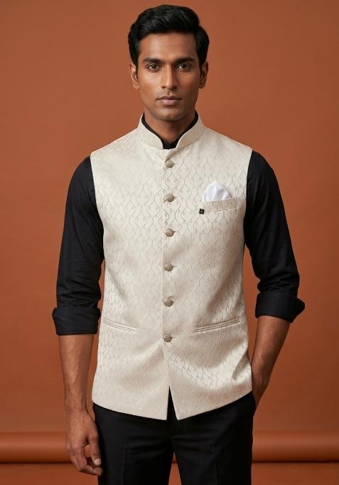 White Embroidered Silk Waistcoat For Men
